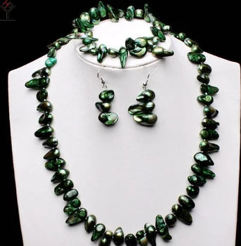 Moterų Papuošalai Nustatyti 8-15mm Tamsiai Žalia Baroko Perlas karoliai, apyrankės tabaluoti kablys auskarai Natūralių Gėlavandenių perlų
