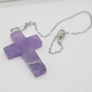 Natūraliomis Violetinė Crystal Akmuo PERLAS Pakabukas Kryžius Grandinės bižuterijos S3111