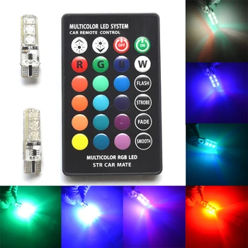 2vnt T10 Silikagelio RGB w5w LED su Nuotolinio valdymo pultelis RGBW 501 194 168 6SMD 5050 Strobe Automobilių Pleišto Šoninis apšvietimas DC 12V Automobilio Lemputes