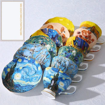 Van Gogh Meno Tapybos Kavos Puodeliai Į Žvaigždėtą Naktį, Saulėgrąžos, Sņjņją, Vilkdalgis Saint-Remy Kavos, arbatos puodeliai