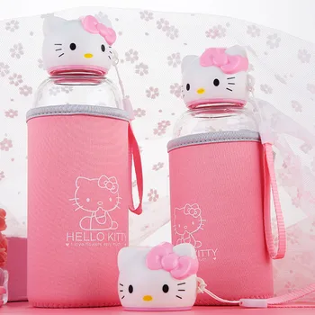 Rožinė Kitty Sporto, Vandens Butelį, Mielas Mielas Stiklo Butelį vandens Mergaitėms Studentų su Danga Dirželio & Padengti Drinkware