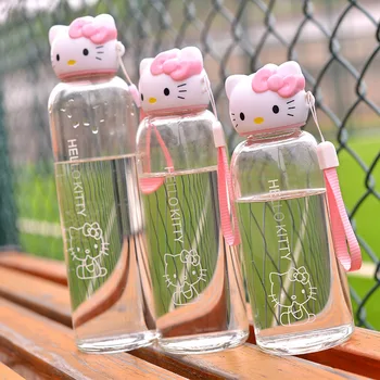 Rožinė Kitty Sporto, Vandens Butelį, Mielas Mielas Stiklo Butelį vandens Mergaitėms Studentų su Danga Dirželio & Padengti Drinkware