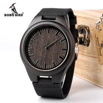 BOBO PAUKŠČIŲ WD26 Mens Dizainą, Prabangos Prekės ženklo Juoda Mediniai Laikrodžiai Nekilnojamojo Odos Kvarciniai Laikrodžių Vyrams Gamtos Juodmedžio Medienos Lašas Laivybos