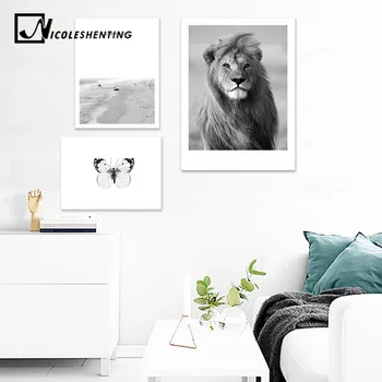 NICOLESHENTING Gyvūnų Liūtas Juoda Balta Drobė Plakatas Šiaurės Stiliaus Jūros Miškų Kraštovaizdžio Sienos Menas Spausdinti Nuotrauką Kambarį