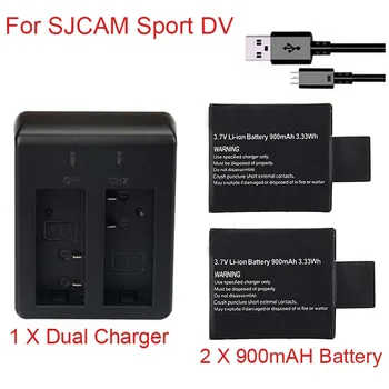 2 X 900mAh SJ4000 SJ5000 SJ6000 Baterija + Dual Baterijos Įkroviklio SJCAM SJ 4000 5000 Fotoaparato Priedai + USB Laidas