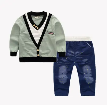 Vaikų drabužių rinkinys ilgomis rankovėmis marškinėliai su džinsinio audinio kelnes 2vnt/komplektas berniukams drabužiai, džinsai
