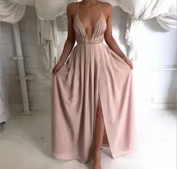 2018 Elegantiškas Sexy Ilga Suknelė Gilia V-Kaklo, Backless Dirželiai Side Ritininės Tvarstis Dress Satino Maxi Suknelė