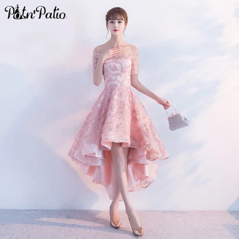 PotN'Patio Aukštas Žemas Homecoming Rožinės Suknelės Nuo Peties Nėrinių Prom Šalis Suknelės 2017