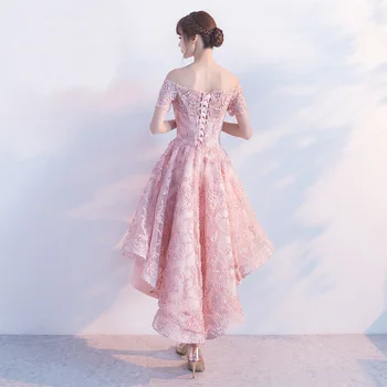 PotN'Patio Aukštas Žemas Homecoming Rožinės Suknelės Nuo Peties Nėrinių Prom Šalis Suknelės 2017