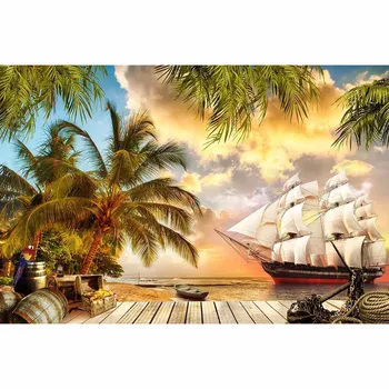 Piratų laivo fone medinių grindų lobis virvę, kokoso medžio dangus jūros, papuošalai namo nuotrauka