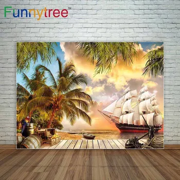 Piratų laivo fone medinių grindų lobis virvę, kokoso medžio dangus jūros, papuošalai namo nuotrauka