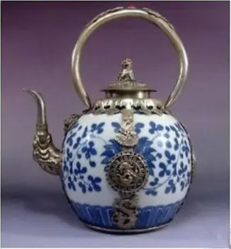 Gana sidabrinis drakonas Mėlynos ir Baltos spalvos Porceliano arbatinukas Sodo Puošmena realių Tibeto Sidabro, Žalvario