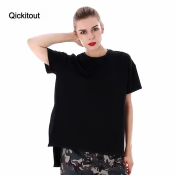Qickitout T-shirt Moterims, Atsitiktinis Lady Viršuje Tees Juoda Medvilnės vientisos Spalvos Marškinėlius Moterų Prekės ženklo Drabužių Marškinėliai Plius Dydis Viršuje Tee