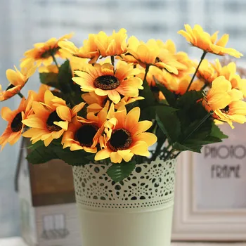 Aukštos kokybės 1 puokštė Geltona Šilko Saulėgrąžų dekoratyvinių gėlių 7 filialas/dirbtinių gėlių puokštė namų puošybai