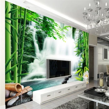 Beibehang Užsakymą tapetai gyvenimo kambario, miegamasis freskomis bambuko miškų springs kriokliai, lotoso gėlė, TV foną, 3d tapetai