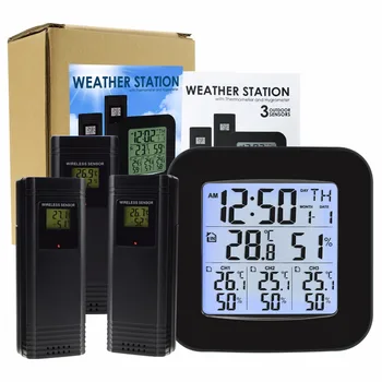 Oras Stotis w/ 3 Indoor/Outdoor Wireless Jutikliai, Skaitmeninis Termometras su Drėgmėmačiu Juoda LED LCD Ekranas Temperatūra ir Drėgmė