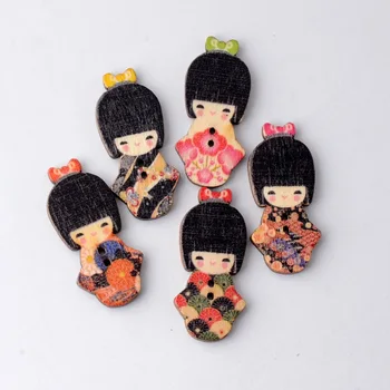 Nemokamas pristatymas 10vnt Atsitiktinai Sumaišyti Puikus Japonų Kimono Doll 2 Skyles, Medienos Dažymas Siuvimo Mygtukai Scrapbooking 18x40mm