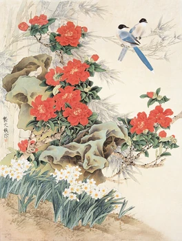 Kinijos klasikinės paukščių raudona gėlė rockery dekoracijos aliejaus tapybos drobės spaudiniai atspausdinta ant drobės sienos meno apdailos nuotrauką