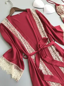 Fdfklak 2018 Nauja Pavasario Vasaros Moterų Pižama Nustatyti Nėriniai naktiniai drabužiai Trijų dalių Rinkinys Skraiste Namų Drabužių Sleepwear Pižamos Moterims