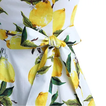 GUYUNYI 2018 m. Vasaros Derliaus Suknelės Citrinų Spausdinti Gėlių Kelio Ilgis Linija, O Kaklo 1950-ųjų Stiliaus Elegantiškas Šalis Suknelė CX819