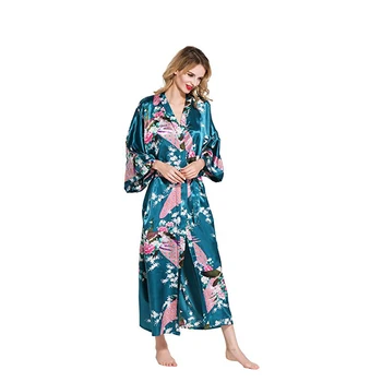 Žalia Seksualus Kinijos Moterų Kimono Chalatas Ilgas Mantijas Su Povas ir Žiedų Spausdinti Nightgowns Kimono Vonia Suknelė Sleepwear D128