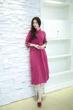 Pavasario folk stiliaus gryno lino cheongsam kratinys plius dydis chi-pao kinų suknelė vestidos 4 spalvos