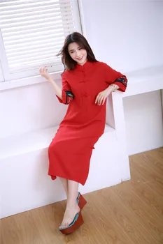 Pavasario folk stiliaus gryno lino cheongsam kratinys plius dydis chi-pao kinų suknelė vestidos 4 spalvos