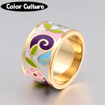 Naujas Atvykimo Gėlių Emalio, Aukso Žiedas-spalvų Geometriniais Žiedas 1.3 CM Didelis Žiedai Moterų Etninės Papuošalai Mama, dovana
