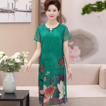 Vasaros Suknelė Plius Dydis-trumpomis Rankovėmis Moterims Suknelė Atsitiktinis elegantiškas Kinų stiliaus spausdinimas O-Kaklo Suknelė Motina Vestidos LM4