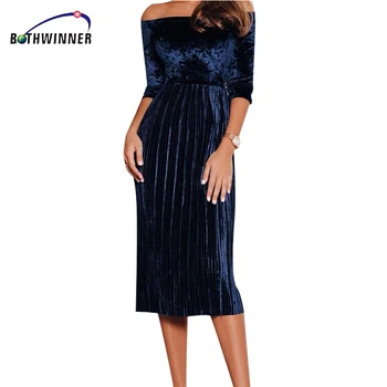 Bothwinner Rudens Dress 2017 Moterų Sexy Off Peties Šalis Suknelės, Elegantiški Tamsiai Mėlynos Atsitiktinis Vintage Suknelė Vestidos