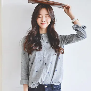 Chemise Femme Korėjos Mados Siuvinėjimo Palaidinė 2017 Moterims Palaidinės Ilgomis Rankovėmis Vyriški Marškiniai Mygtuką Dryžuotas Marškinėliai Plius Dydis Blusa