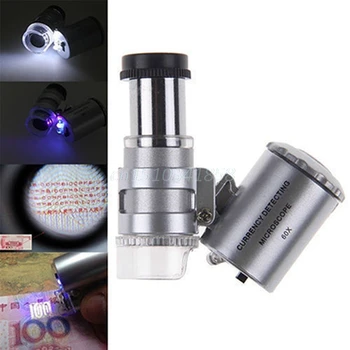 Naujas 60X Mini Juvelyras Loupe Didinamojo stiklo, Mikroskopu UV valiutos Detektorius su LED Šviesos #Y51#