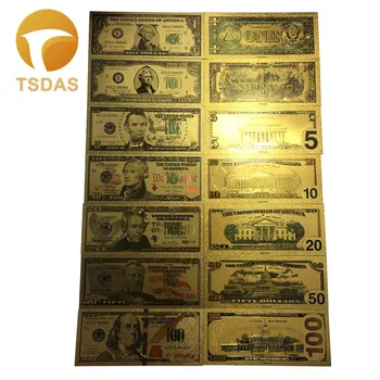 Pilnas Komplektas 7pcs JAV $1-100 Doleris Aukso Banknotų Spalvinga Pasaulio Pinigus, Suvenyrai, Golden Banko Pažymi, Lašas Laivas