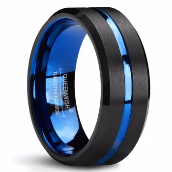 Queenwish Vestuviniai Žiedai 8mm Mėlyna Volframo Šepečiu Juoda Matinė Juoda (su spraudžiais, Išdrožomis Centras Porų Derliaus Sužadėtuvių Žiedai