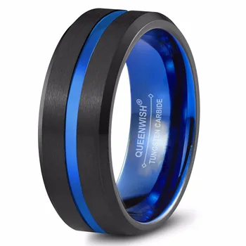 Queenwish Vestuviniai Žiedai 8mm Mėlyna Volframo Šepečiu Juoda Matinė Juoda (su spraudžiais, Išdrožomis Centras Porų Derliaus Sužadėtuvių Žiedai