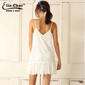 Moterų elegantiškas vasaros suknelė atsitiktinis moterų drabužių prašmatnus rankovių spageti dirželis ribojasi tuščiaviduriai iš saldus baltas nėrinių SUKNELĖ