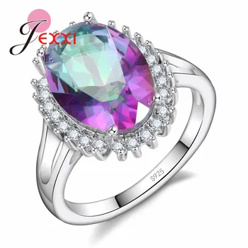 JEXXI Elegantiškas Moteris Rainbow Crystal 925 Sterlingas Sidabro Kubinis Cirkonis Žiedai, Sužadėtuvių, Vestuvių Papuošalai Bague Femme Anillos