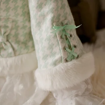 Princesė saldus lolita Žalia Tinklelis striukė Saldainių lietus Pliušinis skrybėlę kailio kamuolys Megztinis, striukė Plonas ilgas rankovėmis Japonijos designC16CD6163
