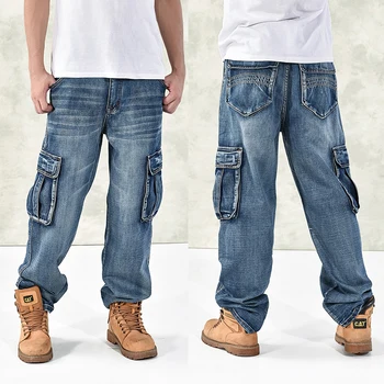 Karšto naujas didelio dydžio džinsus mados prarasti Didelės kišenės hip-hop atsitiktinis dideli vyrai džinsai platus kojos dydis 30-46