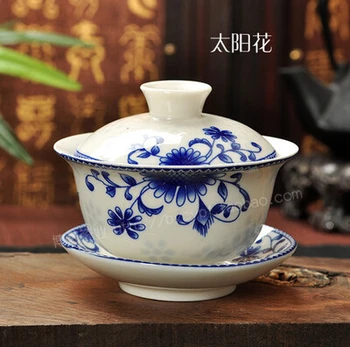 Arbatos rinkinys Apima 1 Pot 1 Lėkštė, Aukštos kokybės elegantiškas gaiwan,Gražus ir lengvai virdulys arbatinukas,Mėlynos ir baltos spalvos porceliano gaiwan