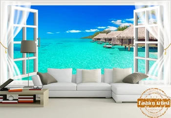 Custom 3d Maldyvai resort ant jūros tapetai, freskos tropinių jūrų beach view dekoracijos iš langą, tv, sofa, miegamojo kavinė fone