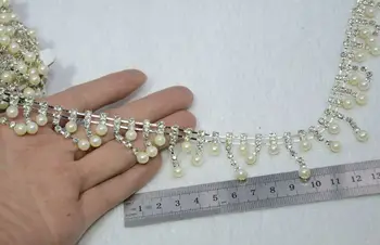 Nemokamai shippment! 1Yard/daug perlų ir kristalų kalnų krištolas grandinės apdaila jaunavedžių šokio kostiumų dekoro amatų apykaklės aplikacijos priedai