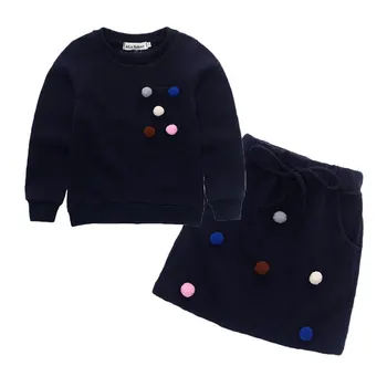 Merginos žiemos drabužių rinkinys ilgomis rankovėmis marškinėliai su kamuolys su pieštuku sijonas, rožinės ir mėlynos spalvų mados drabužių rinkinys vaikams vaikams