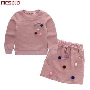 Merginos žiemos drabužių rinkinys ilgomis rankovėmis marškinėliai su kamuolys su pieštuku sijonas, rožinės ir mėlynos spalvų mados drabužių rinkinys vaikams vaikams