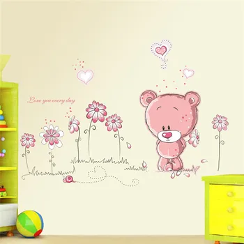 Mielas mielas lokys gėlių sienų lipdukai, vaikų kambariai, vaikų kambario, namų dekoro baby shower sienos lipdukai
