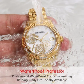 BINLUN Moterų 18K Aukso Automatinis Mechaninis laikrodis Deimantas atsparus Vandeniui Prabangių Gėlių Rinkimas Šviesos Analoginis Rankiniai Laikrodžiai Moterims