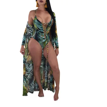 IASKY 2VNT/KOMPLEKTAS Paplūdimio Cover-Up+maudymosi kostiumėlį nustatyti 2018 Seksualus Spausdinti Lapai padengti iki ir tuščiaviduriai Iš vienos dalies maudymosi kostiumėlį moterų paplūdimio drabužiai