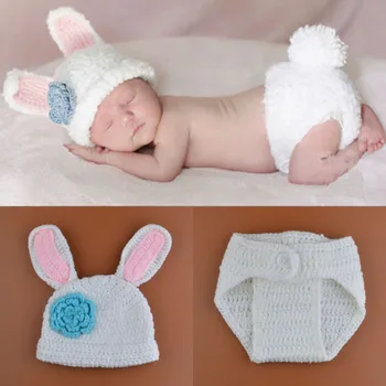 Nėrimo White Rabbit Kūdikių Mergaičių Skrybėlę Vystyklų Rinkinys Megzti Naujagimio Lyties Fotografijos Rekvizitai Berniukas Mergaitė Gyvūnų Kostiumas 0-6M MZS-15019