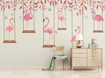 Foto tapetai aukštos kokybės 3d efektas cartoon vaikų kambario sienos freskos pink flamingo miegamojo kambarį foną