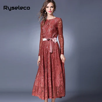 Ryseleco Visiškai Naujas Elegantiškas Moteris, O-Kaklo Mygtukus Maxi Nėrinių Suknelės Gėlių Nėrinių Tuščiaviduriai Didelis Sūpynės Atsitiktinis Šalis Kokybės Vestidos